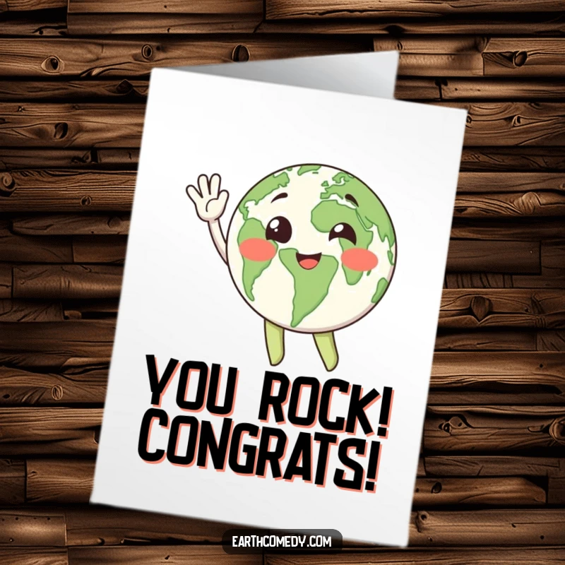 Funny Free Printable Congrats Card: Happy Earth character waving, celebrating an achievement, print now.