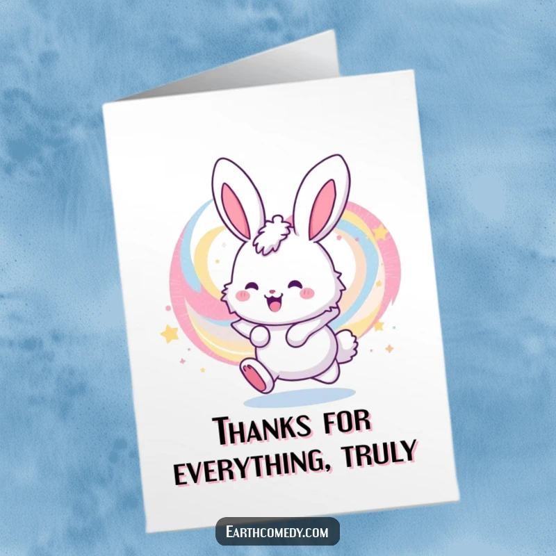 Funny Free Printable Thank You Card, featuring a happy bunny exploring a dazzling galaxy, perfect for expressing thanks.