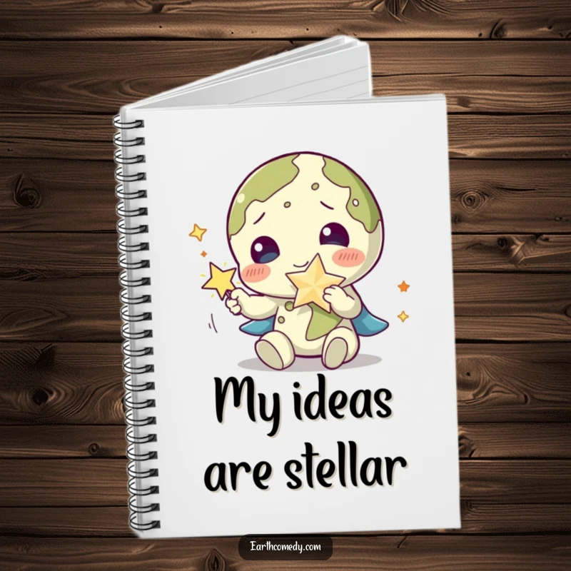 Funny Earth notebook with a planet character playing with a sparkling star accessory, perfect for creative expression.