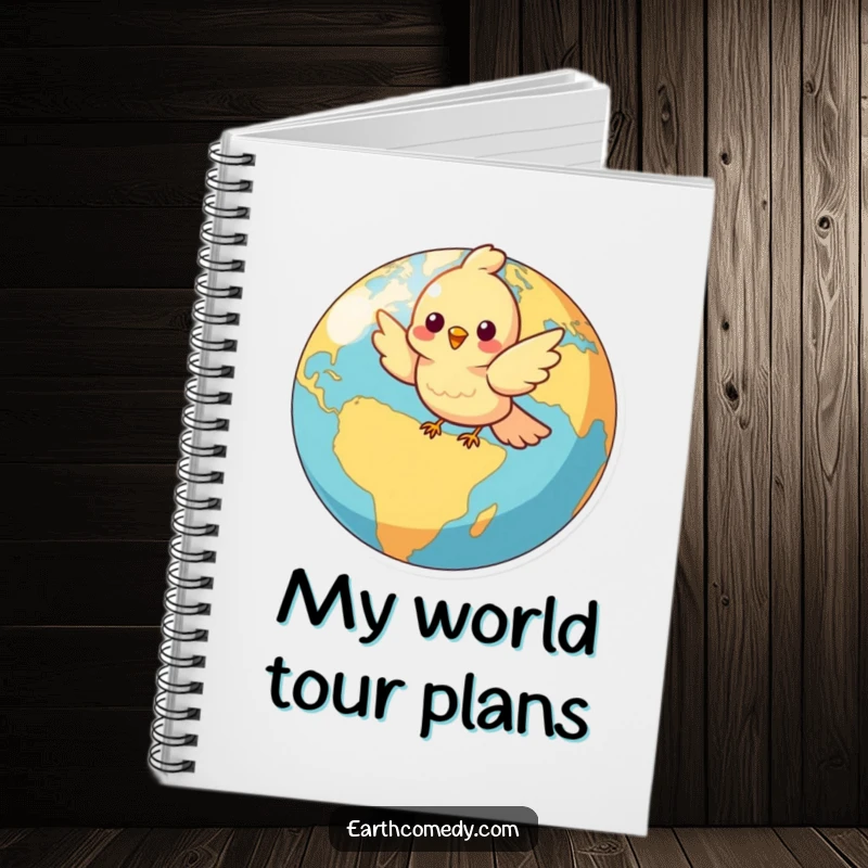 Funny notebook with a cheerful bird character flying around a bright globe, perfect for jotting down travel plans or daily notes.