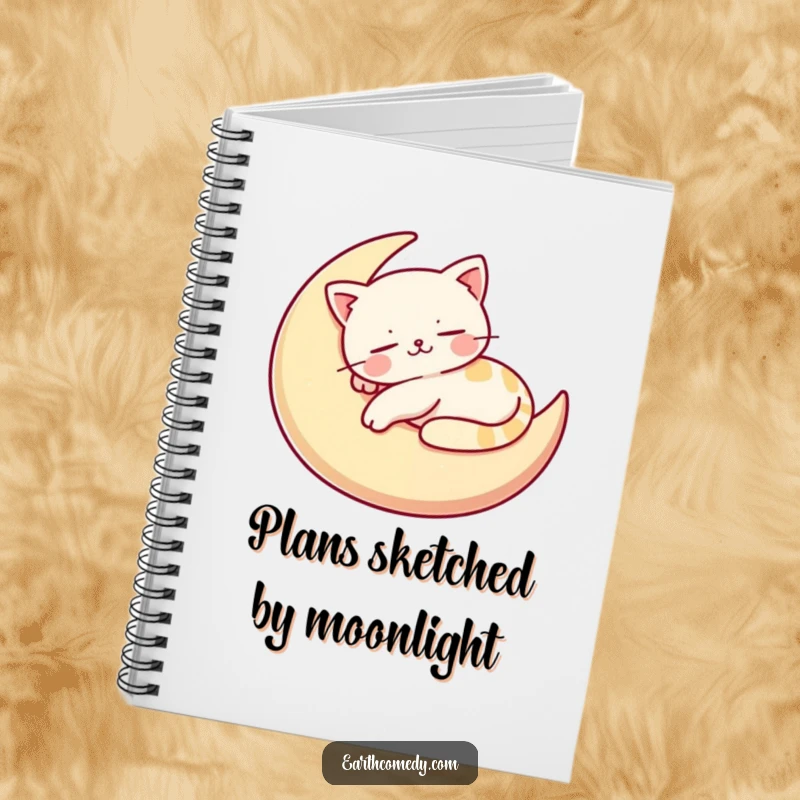 Funny notebook featuring a stylized, happy cat napping on a crescent moon cushion, perfect for jotting down peaceful thoughts.