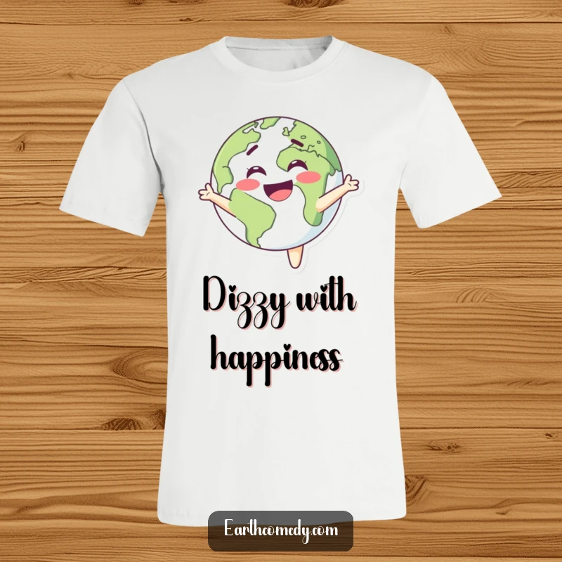 Funny Earth t-shirt showcasing a smiling planet character in a delightful spin, embodying exultant happiness.