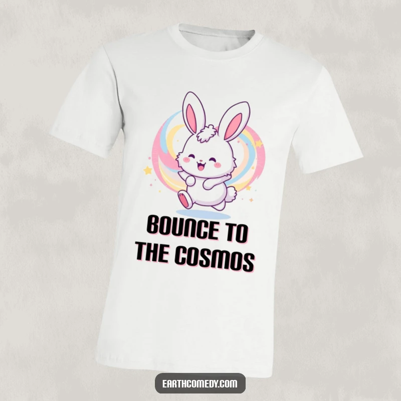 Funny t-shirt featuring a cheerful, fluffy bunny character joyfully bouncing within a colorful, swirling galaxy, perfect for space enthusiasts.