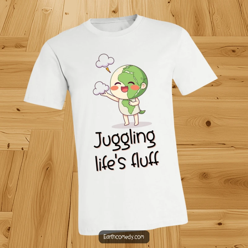 Funny Earth t-shirt showing a happy planet character cheerfully juggling three small, fluffy clouds with a smile.