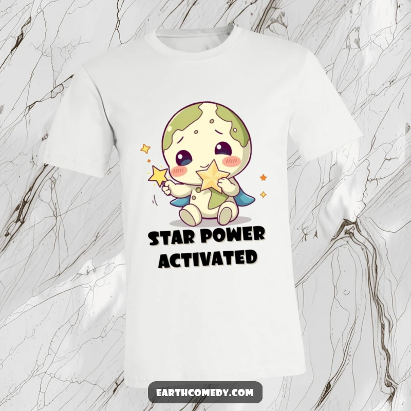Funny Earth t-shirt depicting a happy planet character gleefully playing with a bright, sparkling star accessory.