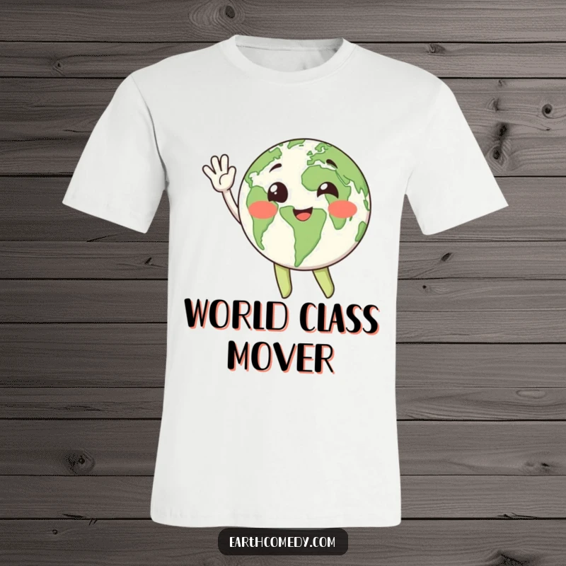 Funny Earth character t-shirt, waving enthusiastically with its continents, representing global fun and eco-humor.