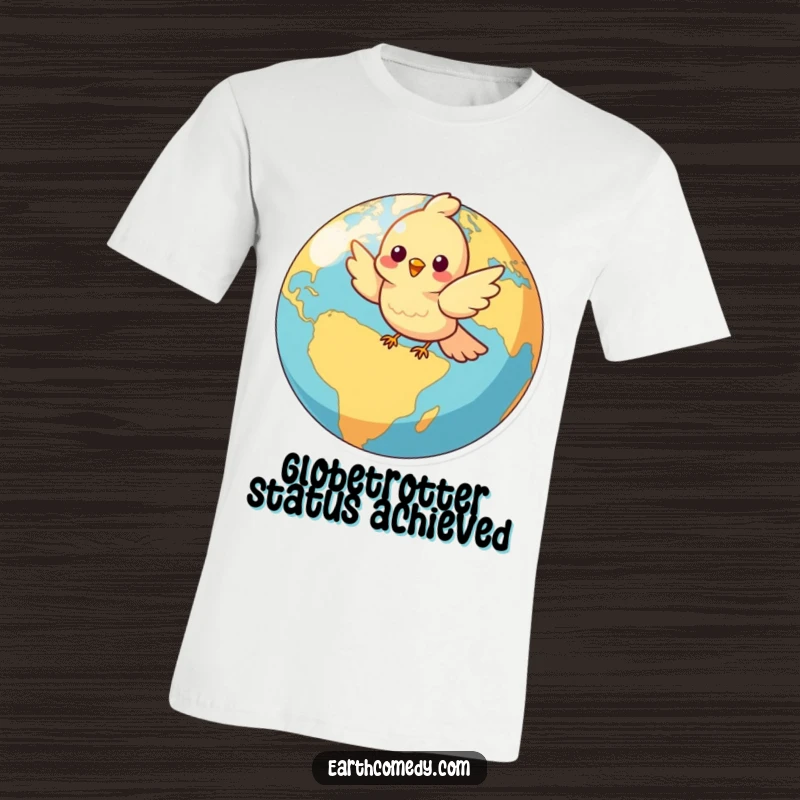 Funny t-shirt with a cheerful bird character in mid-flight, playfully circling a detailed, vibrant globe, perfect for travel lovers.