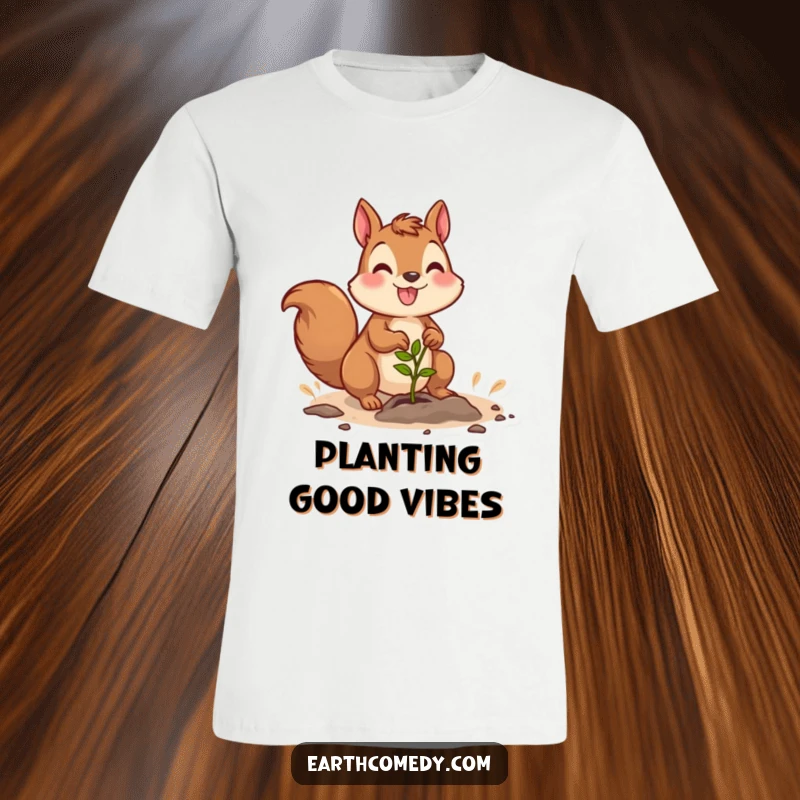 Funny t-shirt featuring a joyful squirrel character enthusiastically planting a seedling, celebrating growth.