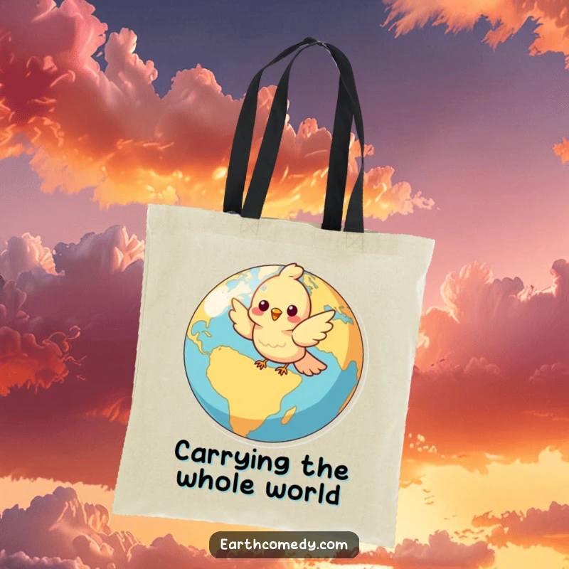 Funny tote bag showcasing a joyful bird character flying around a colorful globe, a stylish humorous accessory.
