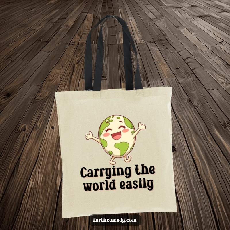 Funny Earth tote bag with an energetic planet character mid-leap, symbolizing joy and environmental enthusiasm.