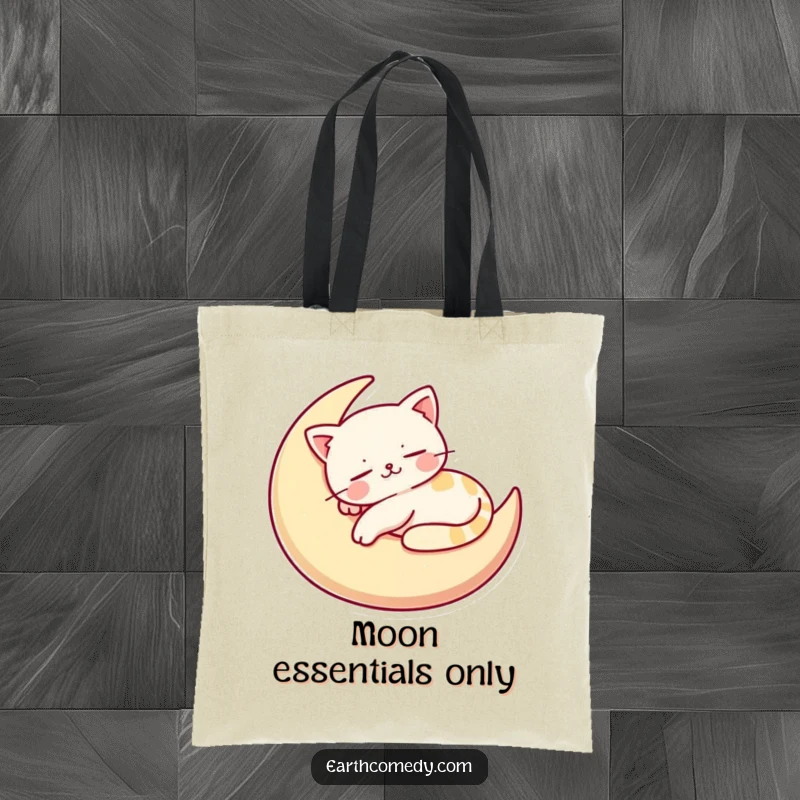 Funny tote bag depicting a happy, stylized cat napping contentedly on a cushion shaped like a crescent moon, ideal for cat lovers.
