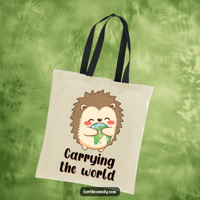 Funny hedgehog earth hugger tote bag with a hedgehog hugging planet Earth, practical and humorous for daily use, a funny gift.